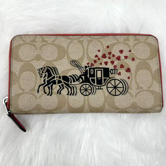 Coach Accordion Zip Wallet Signature Canvas With Horse & Carriage Hearts Motif - Picture 1 of 4